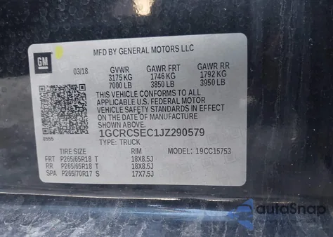 2018 Chevrolet Silverado 1500 1Lz z USA, uszkodzony, nr VIN 1GCRCSEC1JZ290579